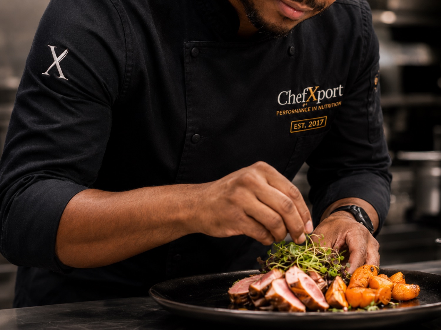A certified Chef Xport chef plating a fresh performance meal
