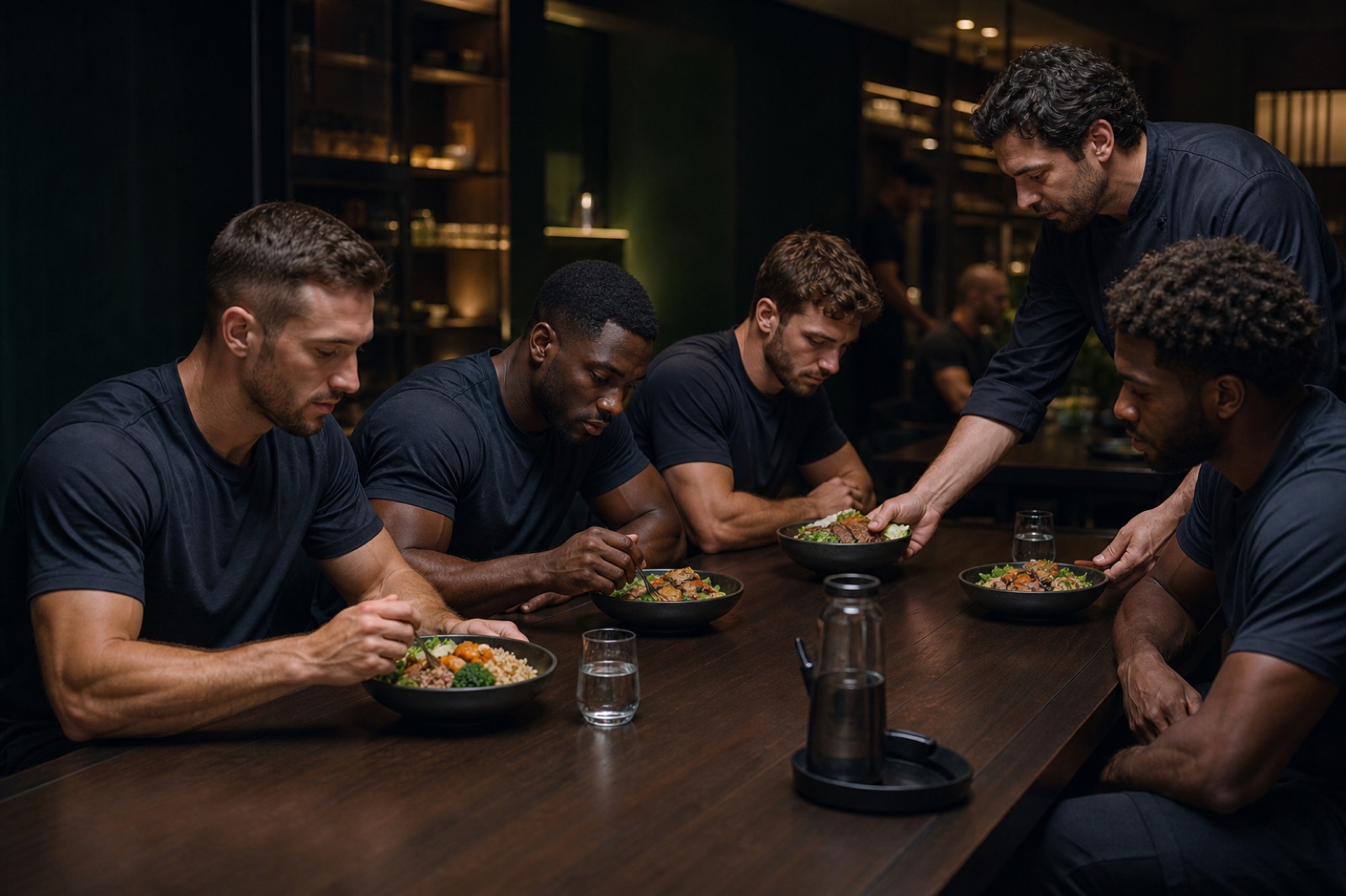 Athletes eating chef-prepared performance meals at a facility table