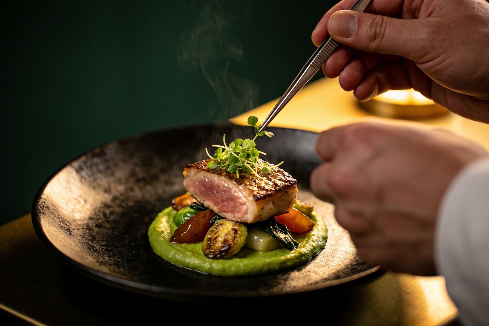 A chef finishing a performance plate with tweezers, steam rising under warm light