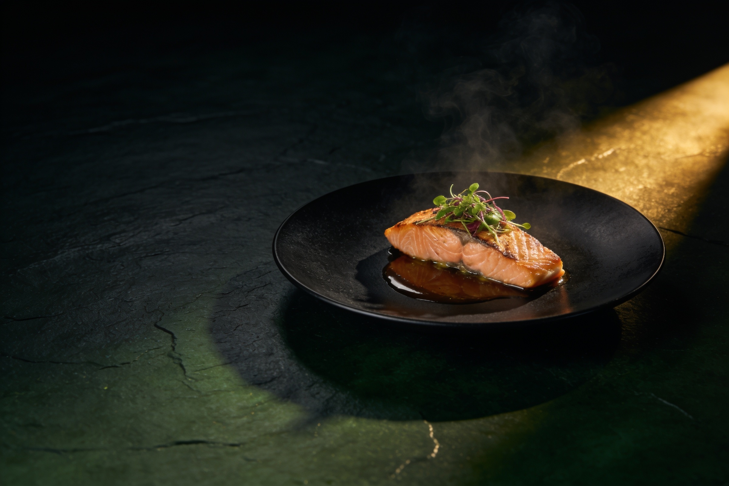 A signature performance plate under a shaft of warm light