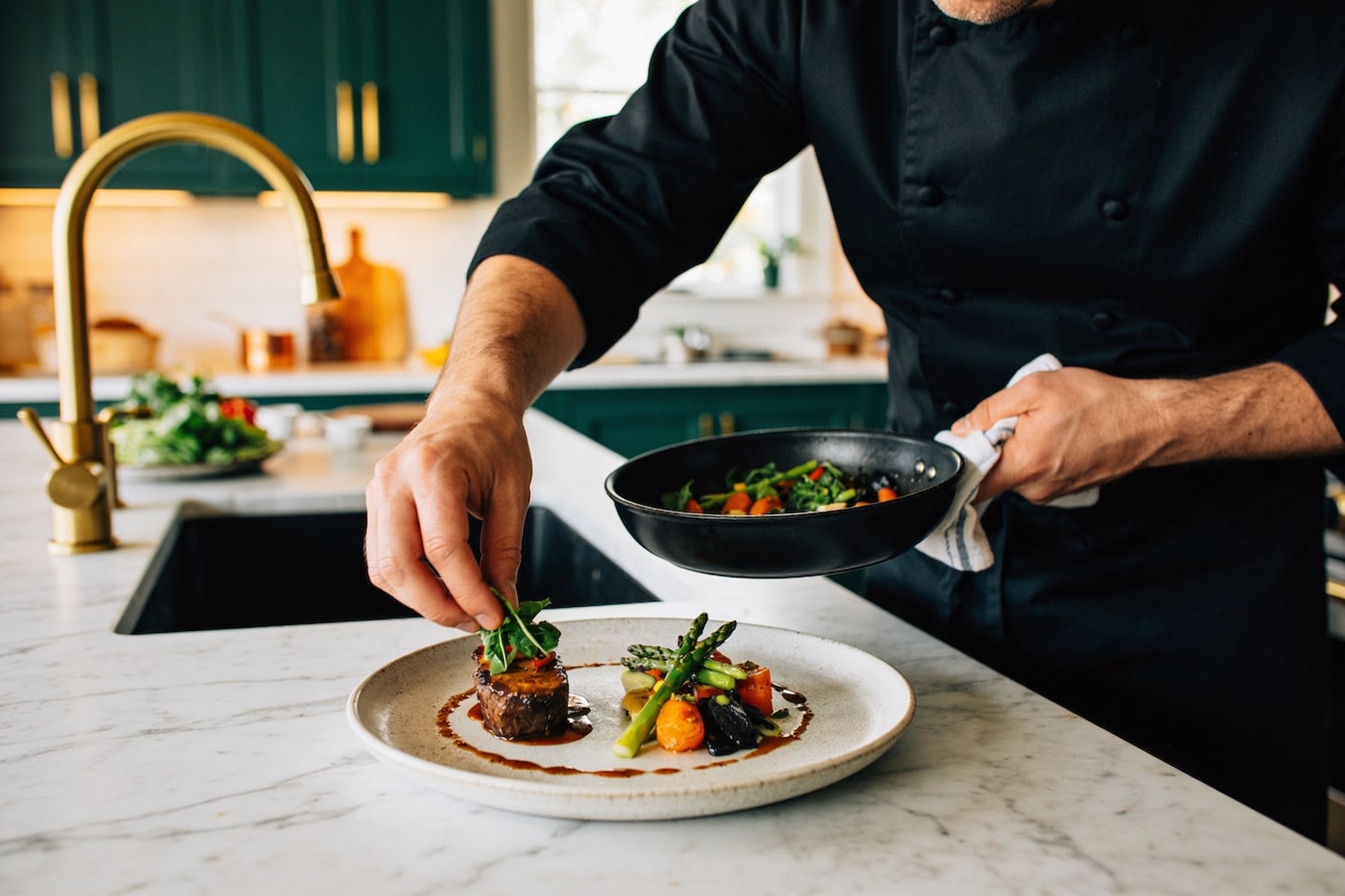 A chef cooking fresh in a private home kitchen