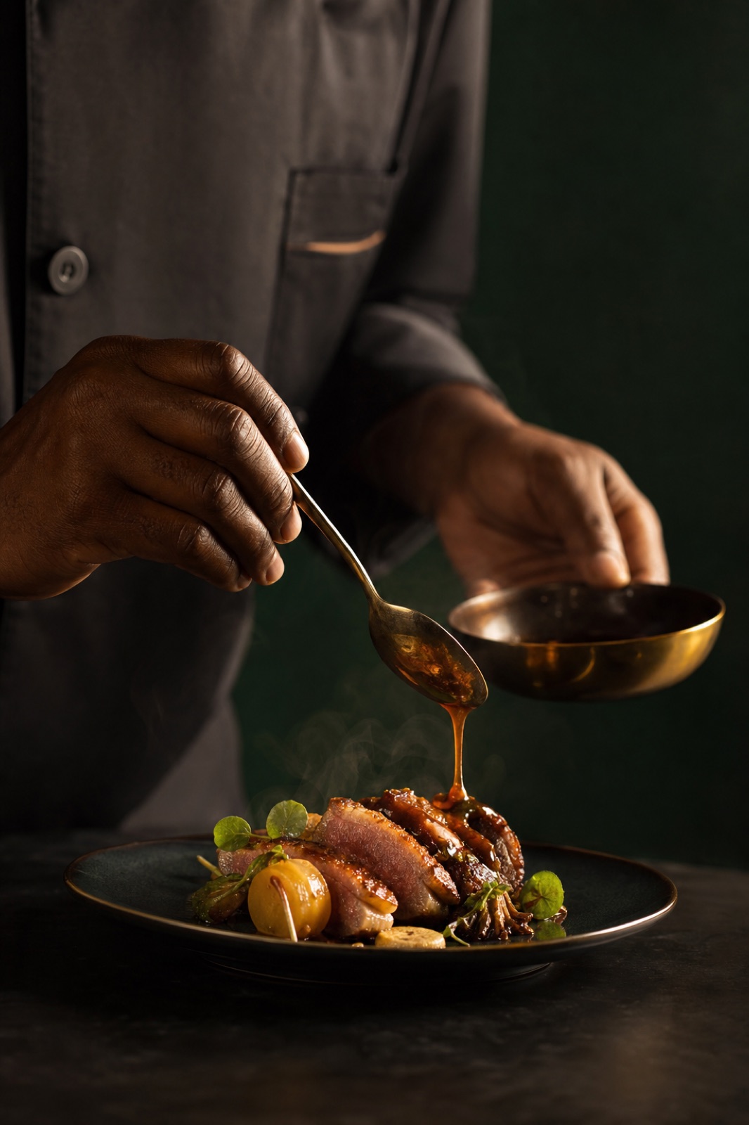 A chef's hands finishing a plated dish with sauce — craft meeting care