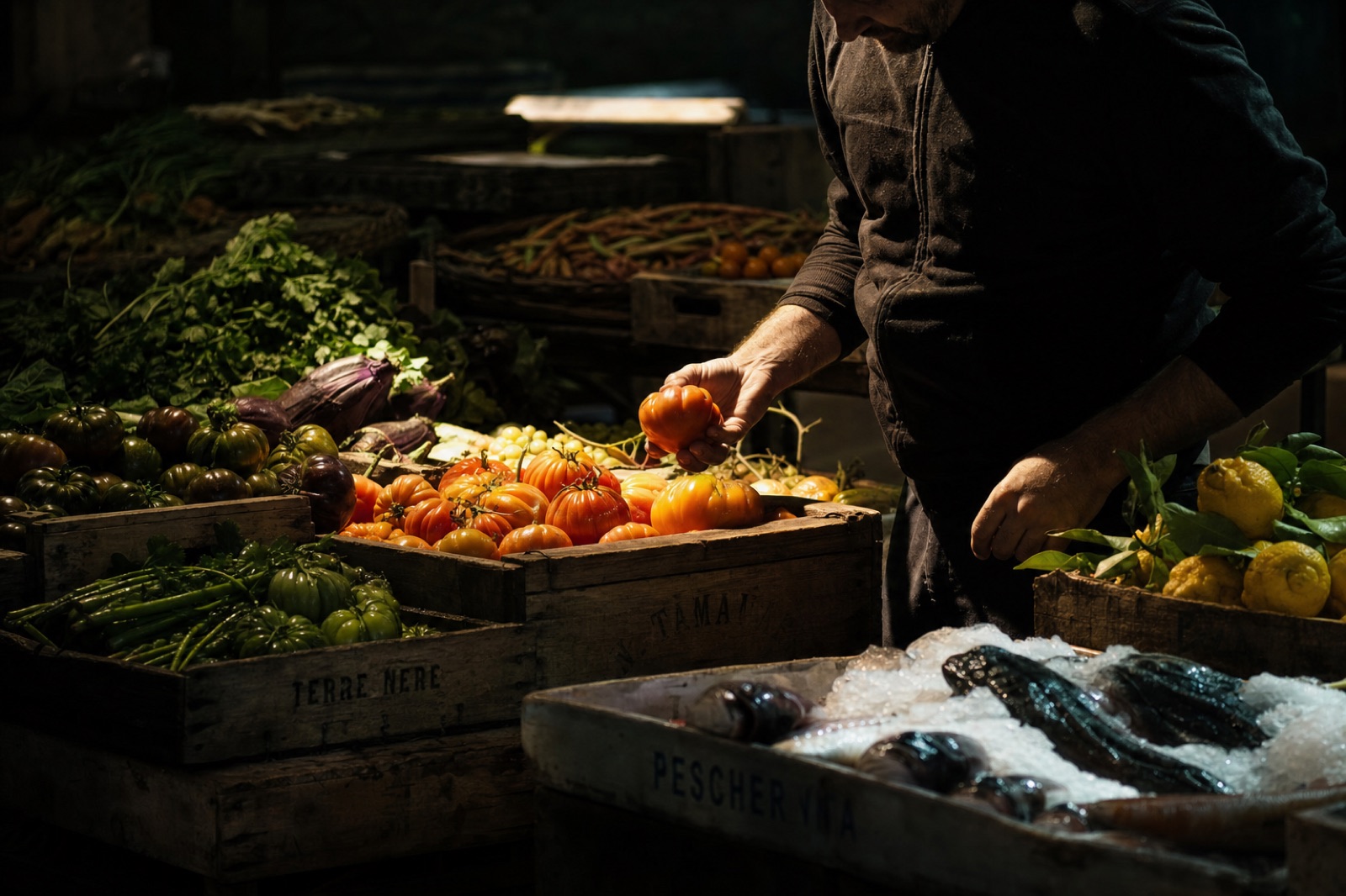 Premium ingredients being hand-selected at a market — crates of produce, herbs, and fish on ice